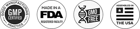 Merchant supplied GMP, FDA registered facility, GMO free and assembled in USA badges