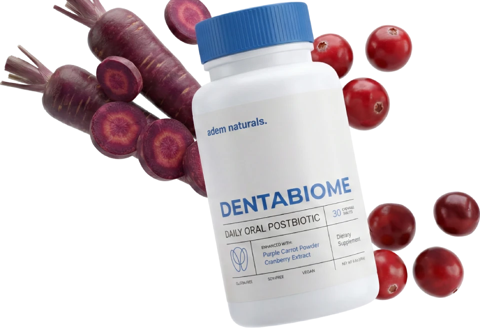 DentaBiome bottle with ingredient imagery